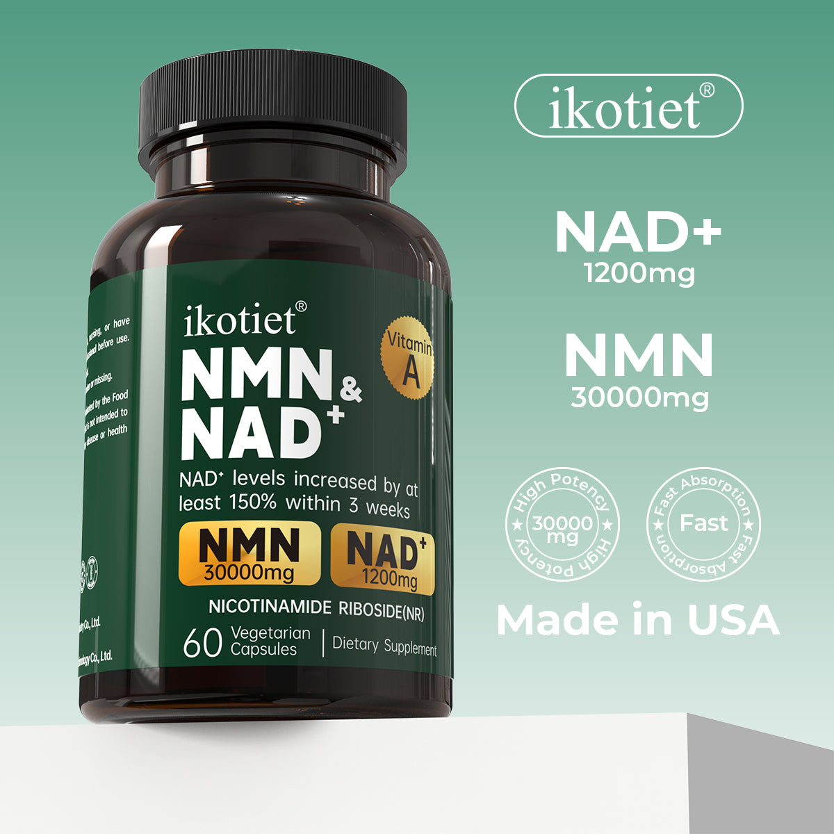 IKOTIET NMN Vegetarian Capsules with NAD+, Daily Energy & Focus Support for Adults, Enhanced Complex Formula, 60 Count