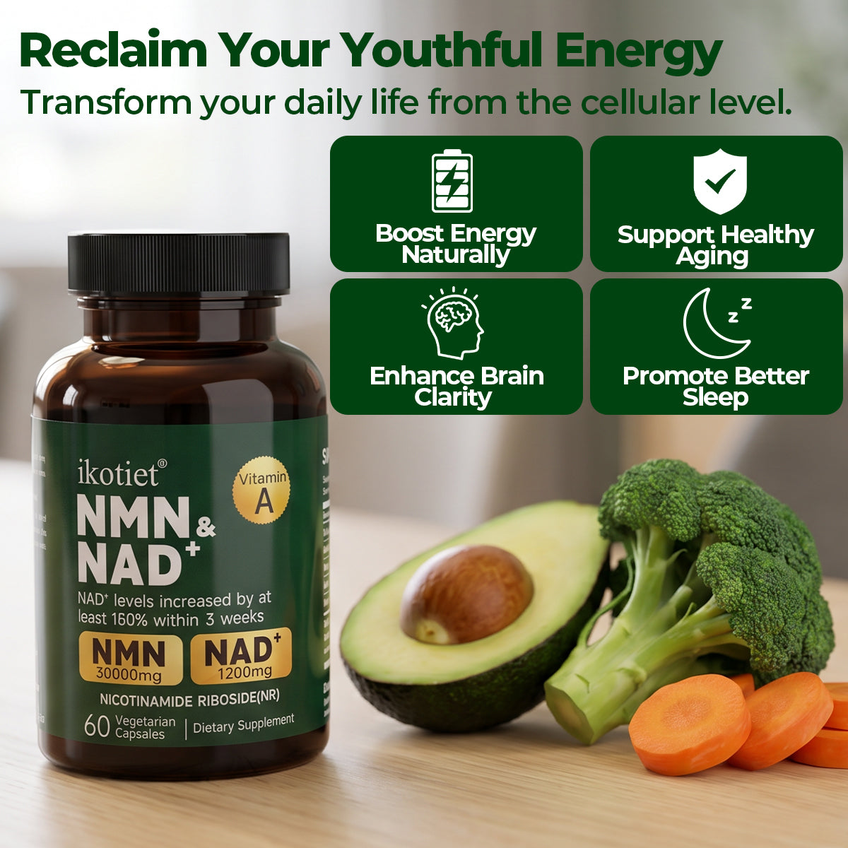 IKOTIET NMN Vegetarian Capsules with NAD+, Daily Energy & Focus Support for Adults, Enhanced Complex Formula, 60 Count