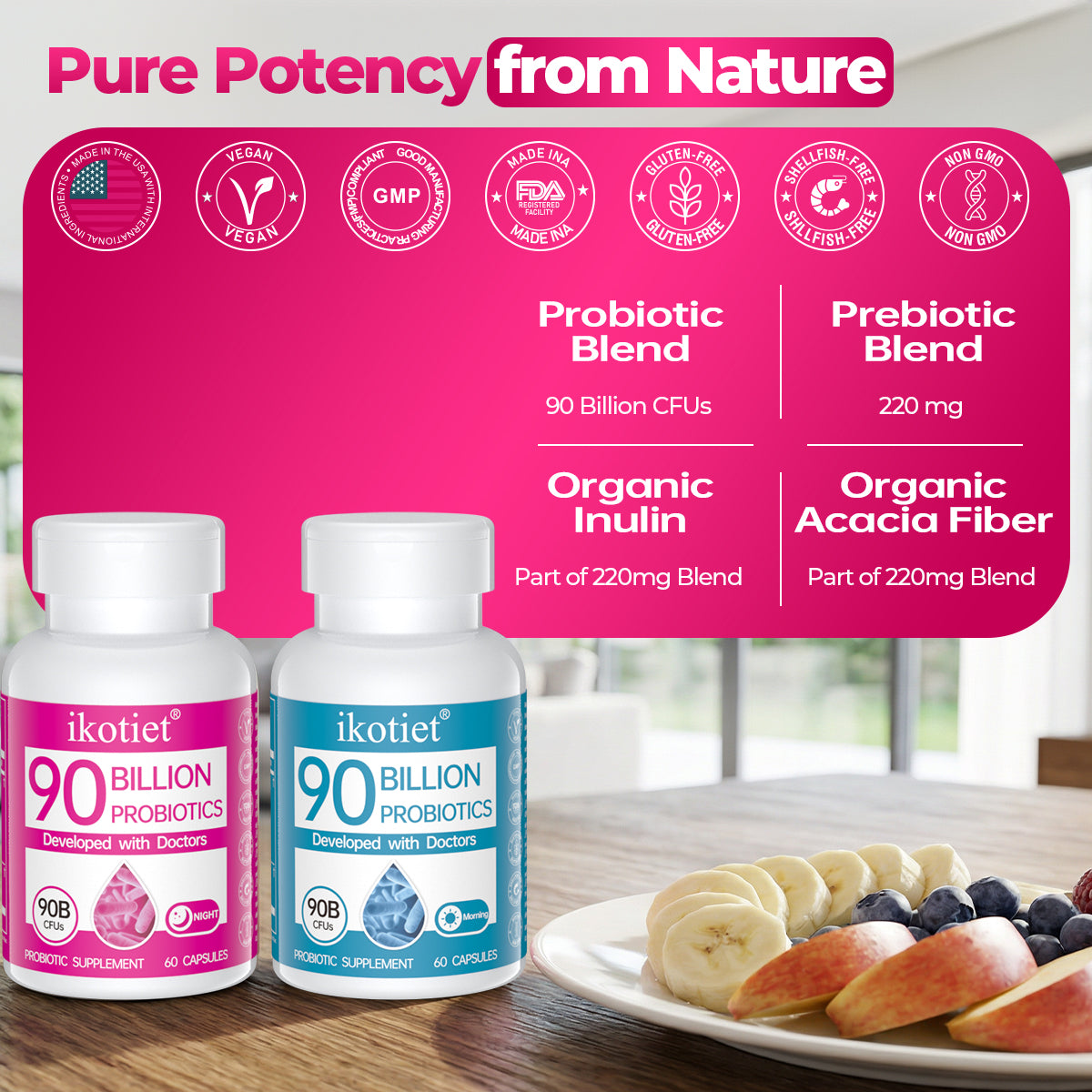 IKOTIET 90B Probiotic for Bloating & Immunity – 1 Capsule AM, Doctor-Formulated, USA Made