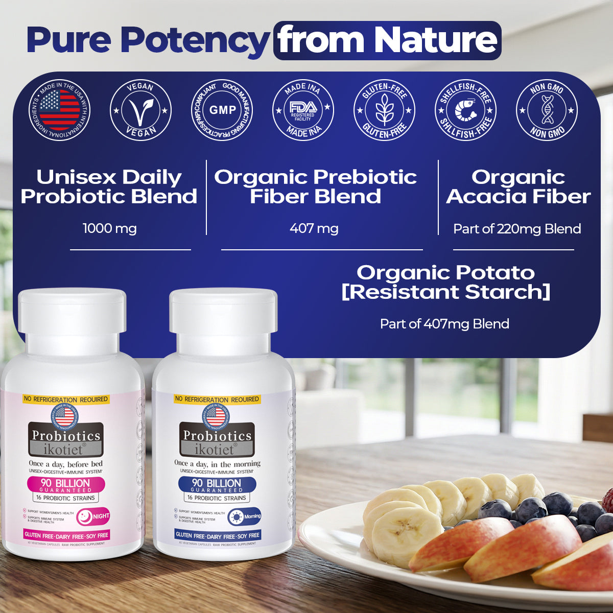 IKOTIET 90B Probiotic Day & Night – No Fridge Required, 16 Strains + Organic Potato Resistant Starch, Unisex Digestive & Immune Support, 30 Capsules