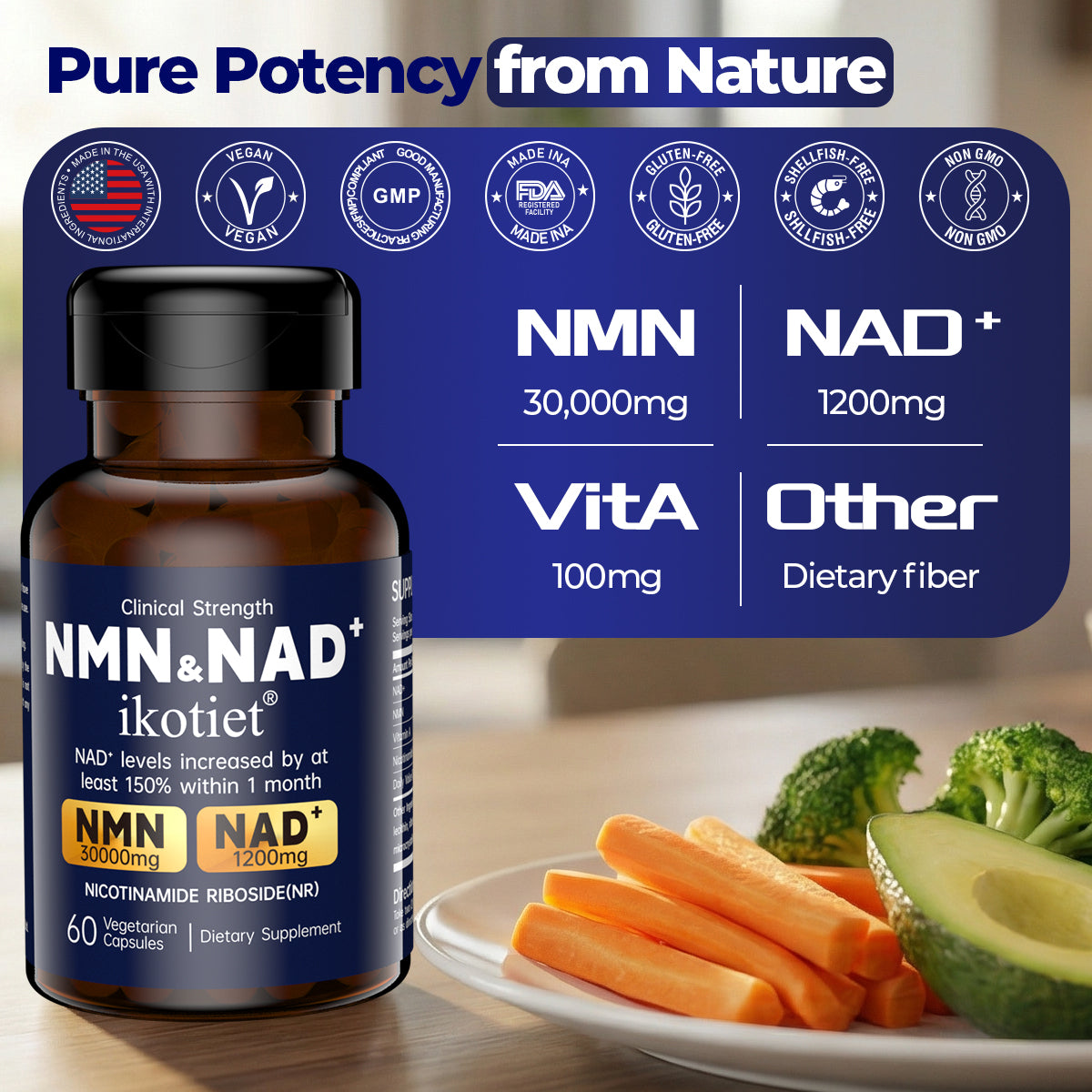 IKOTIET-NAD+ Supplement for Anti-Aging and Cell Regeneration, NAD+NMN, 300 mg Niagen, 30 Servings | Supports Cellular Energy, Skin Care, Brain, and Muscles | Niacinamide Ribose (NR) 1 Capsule Daily | 1 Bottle + 1 Trial Pack support cellular energy extra s