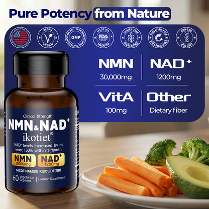 IKOTIET-NAD+ Supplement for Anti-Aging and Cell Regeneration, NAD+NMN, 300 mg Niagen, 30 Servings | Supports Cellular Energy, Skin Care, Brain, and Muscles | Niacinamide Ribose (NR) 1 Capsule Daily | 1 Bottle + 1 Trial Pack support cellular energy extra s