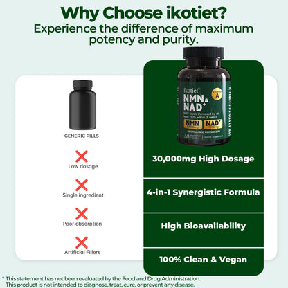 IKOTIET NMN Vegetarian Capsules with NAD+, Daily Energy & Focus Support for Adults, Enhanced Complex Formula, 60 Count