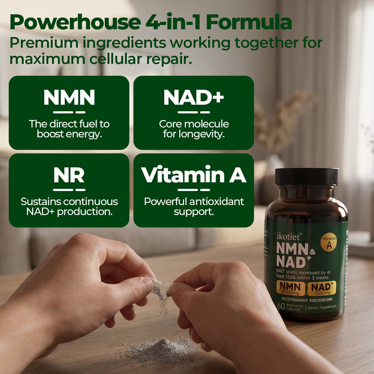 IKOTIET NMN Vegetarian Capsules with NAD+, Daily Energy & Focus Support for Adults, Enhanced Complex Formula, 60 Count